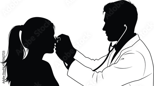 Black and white silhouette illustration of healthcare professional with stethoscope examining patient using medical instrument, representing clinical checkup, doctor visit, and routine 