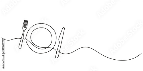 Minimalist continuous one line drawing of a plate fork knife and spoon isolated on white background vector illustration. One continuous line art drawing of fork, spoon and plate design.