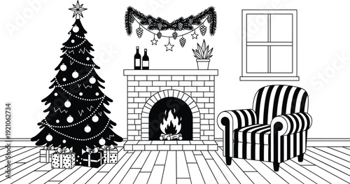 Black and white vector line art illustration of a cozy Christmas living room featuring a decorated tree fireplace armchair presents and winter holiday decor