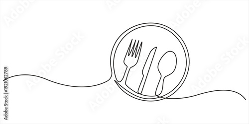 Minimalist continuous one line drawing of a plate fork knife and spoon isolated on white background vector illustration. One continuous line art drawing of fork, spoon and plate design.