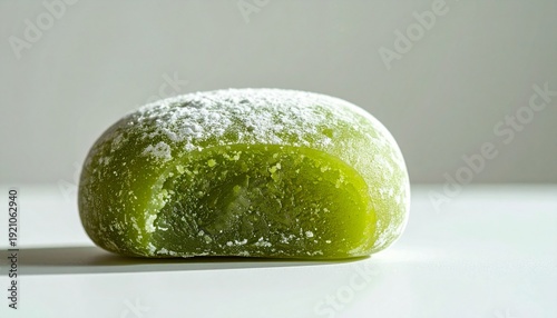 Powdered Green Mochi on White Surface.