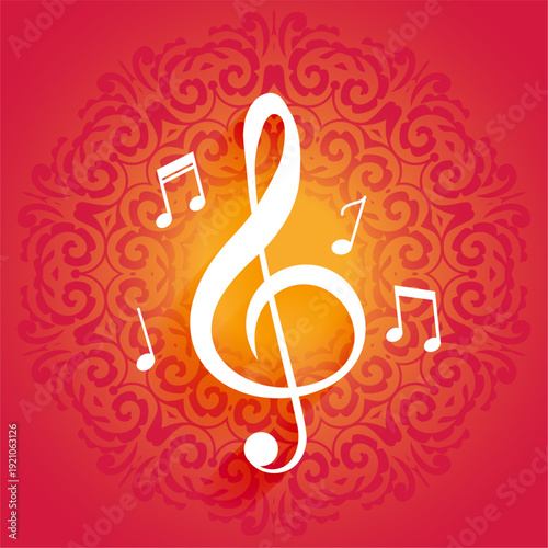 treble clef musical notes on mandala background with light effect