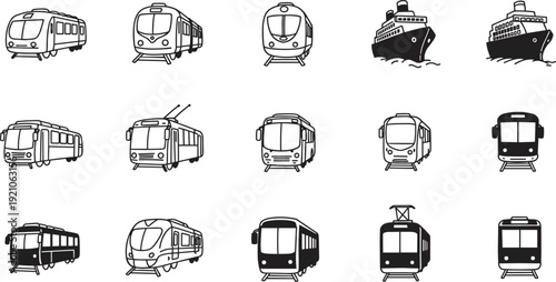Vector illustration of trains, trams, and cruise ships, public transportation icons, railway vehicles, sea travel, transit, urban transport, transportation design concept