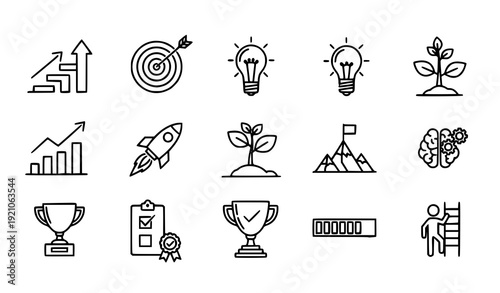 Motivation and Personal Growth Black Line Icons Set with Success Target Rocket and Progress Symbols Vector Illustration