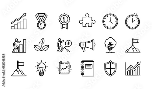 Self Development and Motivation Outline Icon Collection with Goal Achievement and Business Growth Symbols