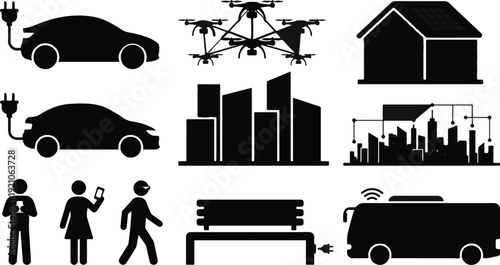Collection of diverse silhouette icons representing modern technology, urban life, and futuristic concepts.