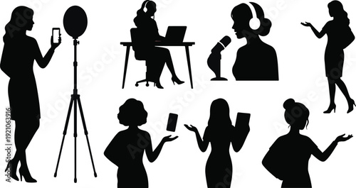 Silhouetted women are depicted engaging in various modern activities like vlogging podcasting working and presenting digitally.