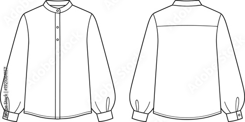 Mens long sleeve mandarin collar shirt template, front and back view modern apparel mockup for fashion branding