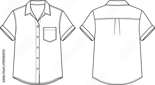 Short sleeve button down shirt template, front and back view casual apparel mockup for fashion design branding