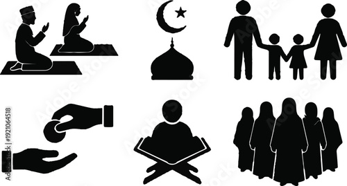 Man and woman praying together, a mosque with a crescent moon and star above, a family of four hands giving charity a person reading a holy book and a group of women.