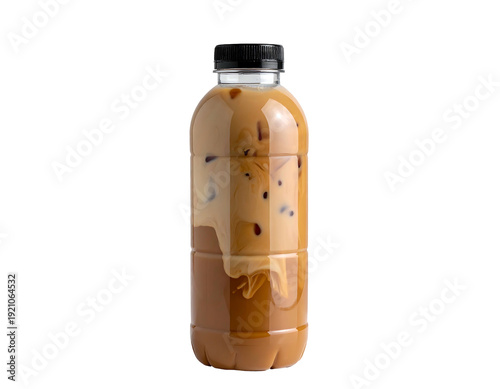 Iced coffee beverage in a clear plastic bottle with black cap.
