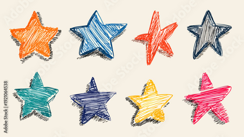 Colorful hand drawn stars on a white background.