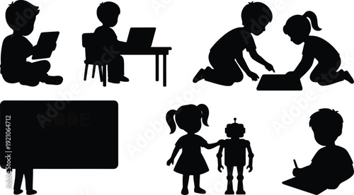 Children actively engaged in various learning and technology related activities, demonstrating a modern educational approach.