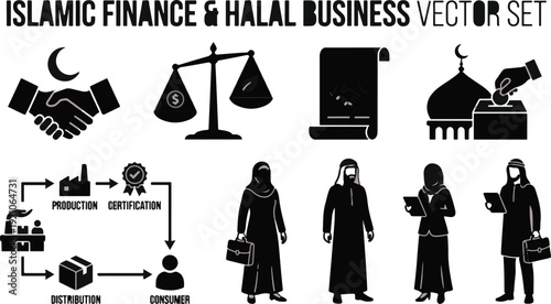 Islamic finance and halal business icons showing handshake, scales, document donation production certification distribution consumer and people in traditional attire.