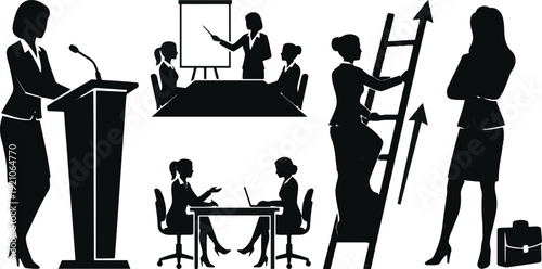 Silhouettes of businesswomen engaged in various professional activities like public speaking, meetings, and career advancement.