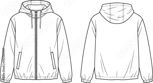 Zip up hoodie jacket template, front and back view casual apparel mockup for streetwear fashion branding design
