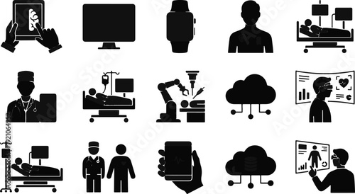 Medical technology icons depict various aspects of modern healthcare innovation and digital health tools.