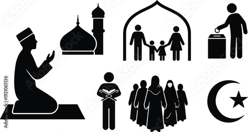 Man in traditional islamic attire is kneeling on a prayer mat with his hands raised in supplication to god.