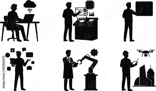 Silhouettes of people engage in diverse technological activities showcasing innovation and modern work environments.