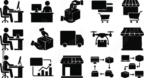 Various business logistics icons are depicted in a grid layout showcasing delivery and online shopping processes.