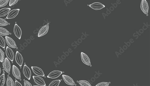 Cocoa Pod background frame. Cocoa Pattern . Hand Drawn Cacao Illustration seamless pattern. Minimal Botanical Line Art. Repeating Border Background.