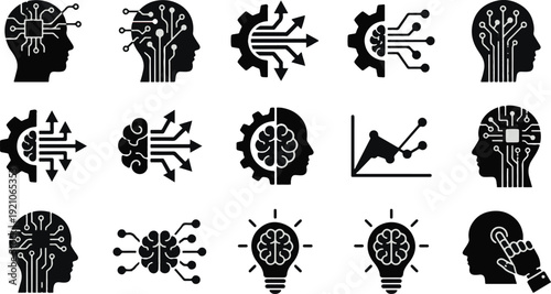 Silhouetted human head profiles with integrated circuitry, gears, and outgoing arrows represent artificial intelligence concepts.
