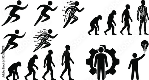 Silhouettes depict the evolutionary stages of humans alongside futuristic technological advancements and concepts.