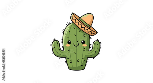 Cactus Character Wearing Sombrero Hat.