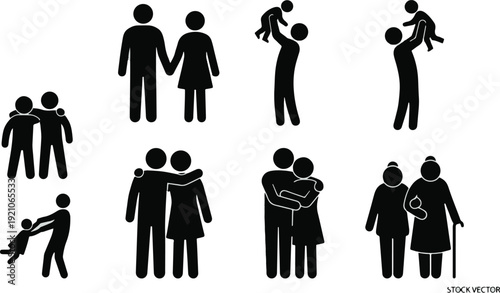 Various family and relationship stick figure icons display different stages of life and connections, emphasizing togetherness.