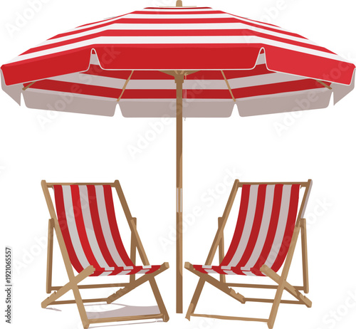 Outdoor summer relaxation vector set with red and white striped beach umbrella and folding deck chairs for travel and resort branding
