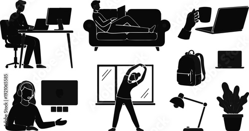 Illustrations depicting diverse home office activities including working at a desk, relaxing on a couch, and exercising near a window.
