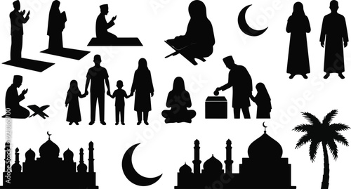 Collection of black islamic figures and symbols are depicted in silhouette form against a white background.