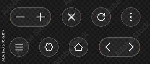 Glassmorphism-style icons and buttons, such as plus, minus, menu, and home, on a dark, transparent background. Ideal for app interface design.