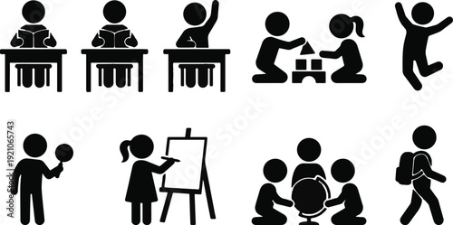 Diverse stylized stick figures illustrate various childhood activities including reading, learning, playing painting and exploring.