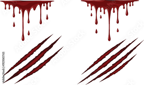 Horror blood effect vector megaset with dripping liquid and diagonal slashing claw marks for action and thriller graphic design