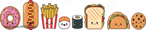 Kawaii fast food friend vector set with smiling donut taco sushi and fries for kids branding and digital sticker design