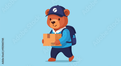 Cartoon Bear Delivering Package with Backpack.