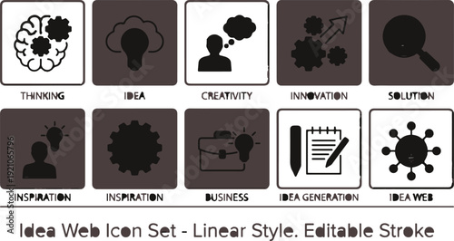 Detailed illustration showcases various icons representing concepts like thinking, idea generation, and innovation with clear linear designs.