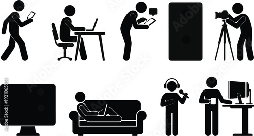 Diverse stick figures engaged in various modern activities and technological pursuits depicting contemporary lifestyles and digital interactions.