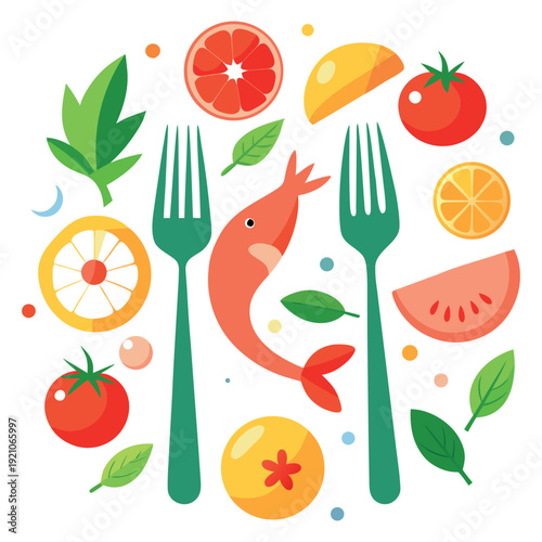 Colorful Flat Design Illustration of Fish, Forks, Fruits and Vegetables on white background