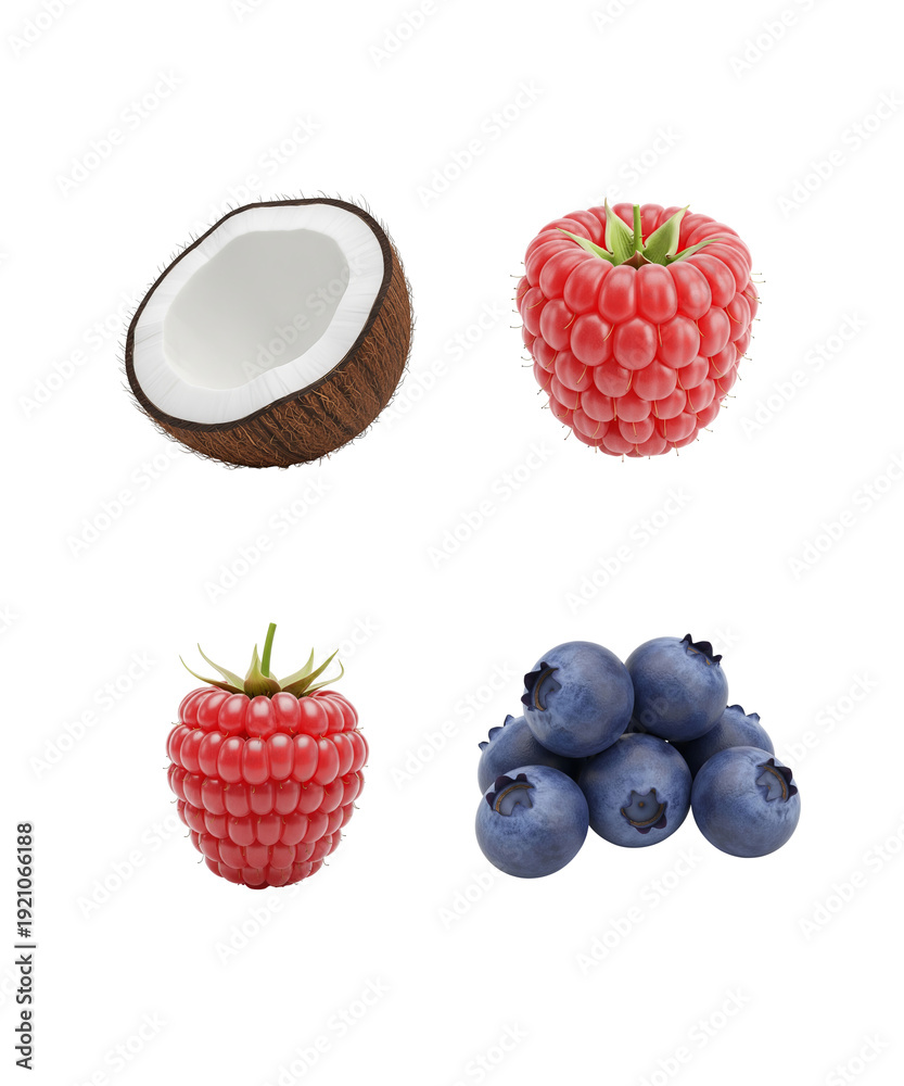 Fototapeta premium Fresh coconut half, juicy raspberry, and ripe blueberries isolated on white background, studio shot