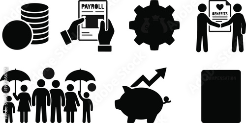Collection of business icons depicts financial concepts like money stacks payroll benefits a gear with money bags a family under umbrellas a piggy bank with growth arrow and compensation document.
