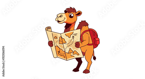 Cartoon Camel with Map and Backpack.