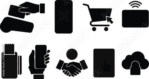 Collection of eight distinct silhouette icons represents various modern financial and digital concepts including payments, shopping, and secure transactions.