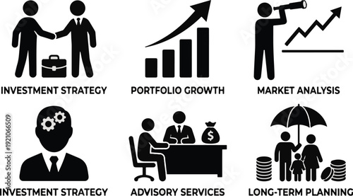 Three business icons depict investment strategy, portfolio growth, and market analysis with three more showing a person thinking advisory services and long term planning.