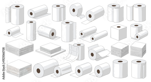 Diverse assortment of paper products featuring toilet rolls, kitchen towels, and stacks of paper napkins for household hygiene.