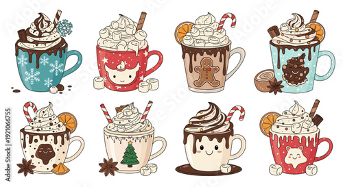 Assorted winter hot chocolate mugs decorated with whipped cream, marshmallows, gingerbread man, and festive christmas patterns.
