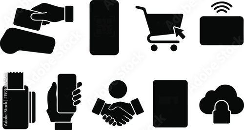 Various simplified icons depict elements of modern commerce and technology including payment processing and digital transactions.