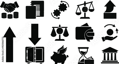 Various finance related icons are displayed in black and white against a white background.
