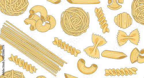 Selection of various dry pasta shapes including penne, fusilli, farfalle, and macaroni arranged on a clean white background.